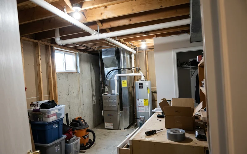 Interior radon pipe through a basement utility ceiling