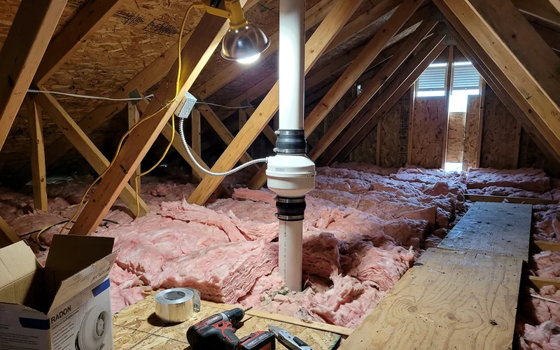 Radon fan installed on a passive pipe in an attic