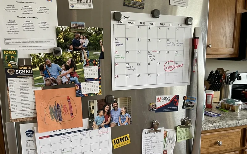 Calendar on a fridge with a radon retest date marked