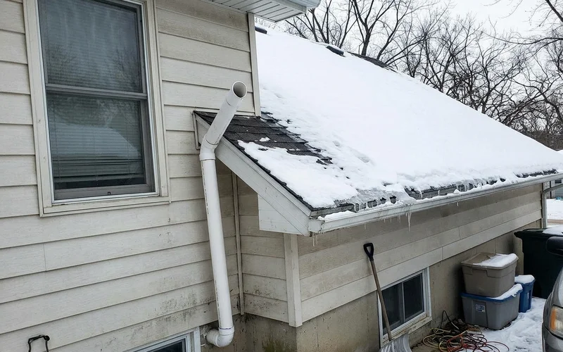Radon exhaust ending above the roof edge away from windows
