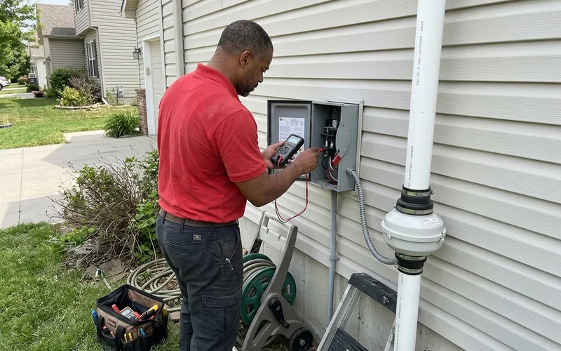 Technician checking voltage at a radon fan disconnect box