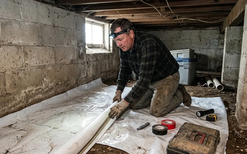 Technician laying a poly membrane in a crawlspace