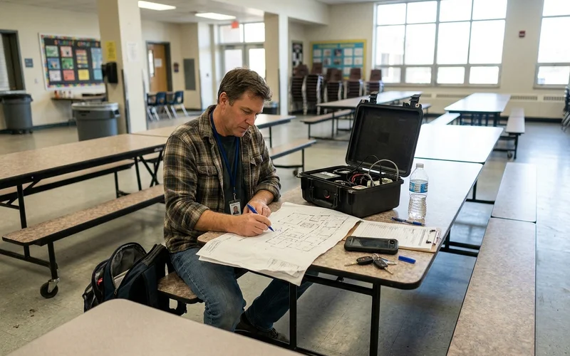 Radon technician reviewing a school floor plan before placing monitors