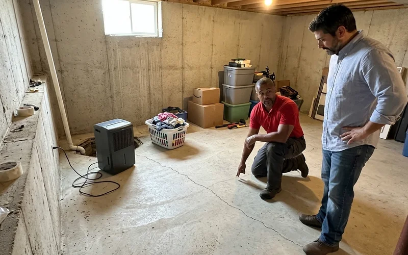 Unfinished Iowa basement slab with a crack and an open sump pit