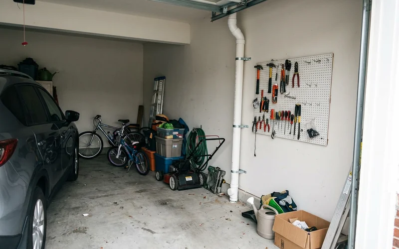 Radon pipe routed up through an attached garage wall toward the attic