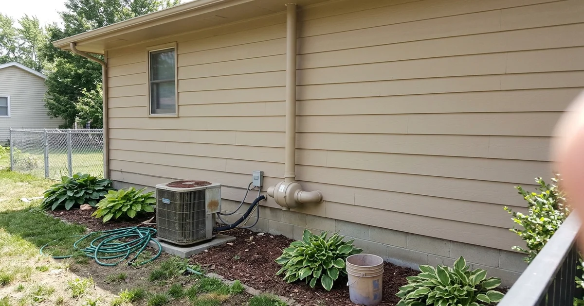 Exterior radon pipe rising past the eaves of an Iowa house