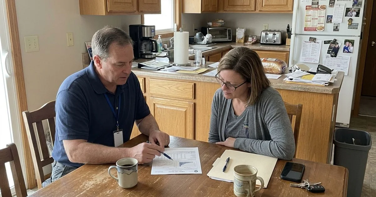 Radon specialist explaining a test report to a Des Moines homeowner