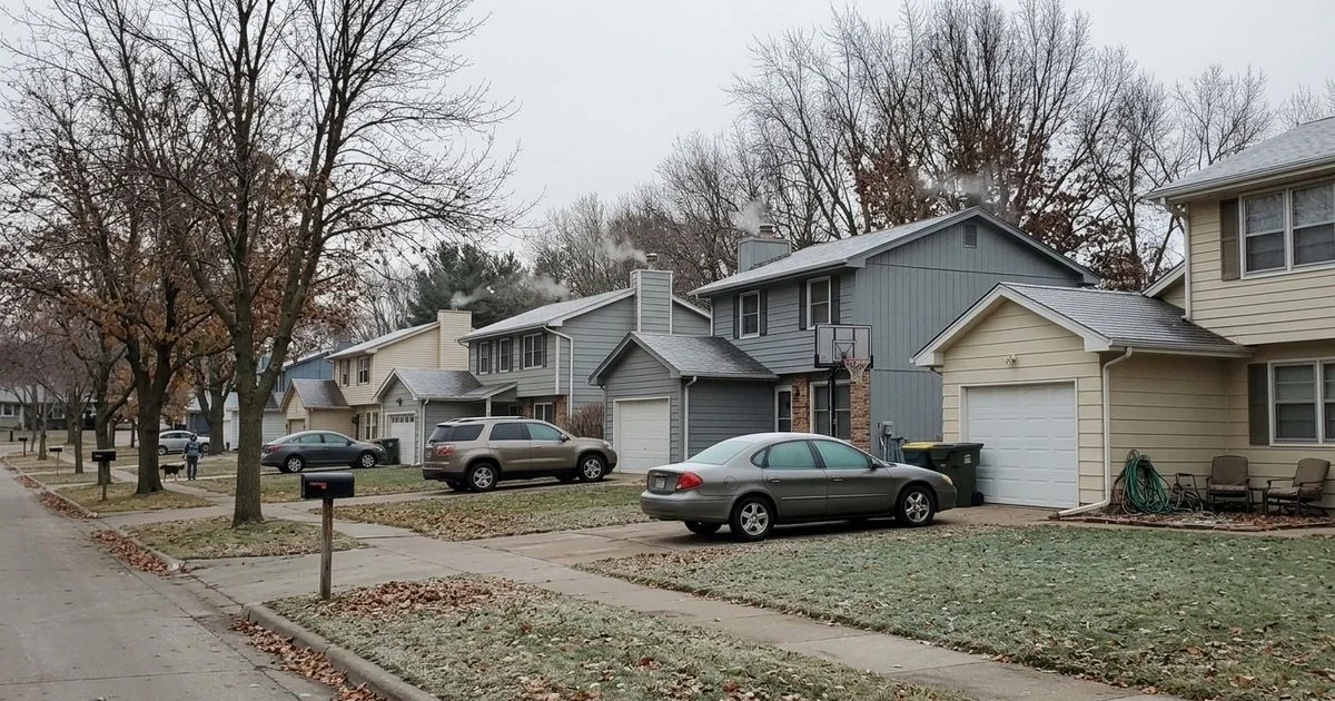 Des Moines suburban homes in winter with frost on the lawns