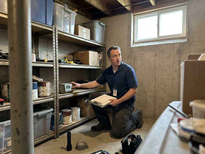 Radon tester setting up a continuous radon monitor in a basement