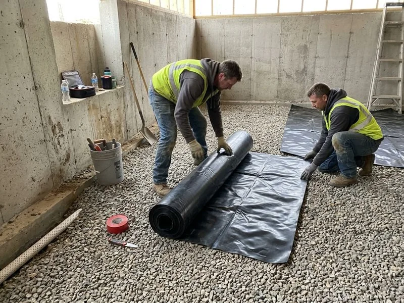 Soil-gas retarder being laid over gravel in a new basement before the slab pour