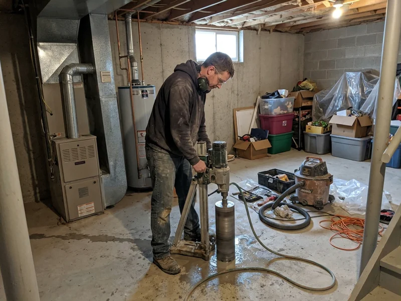 Technician drilling a sub-slab suction point in an unfinished Des Moines basement
