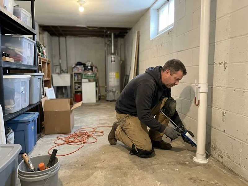 Technician sealing cracks in an older Des Moines basement