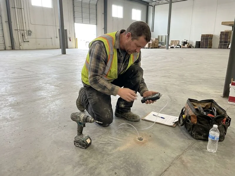 Technician running pressure field extension diagnostics on a commercial slab