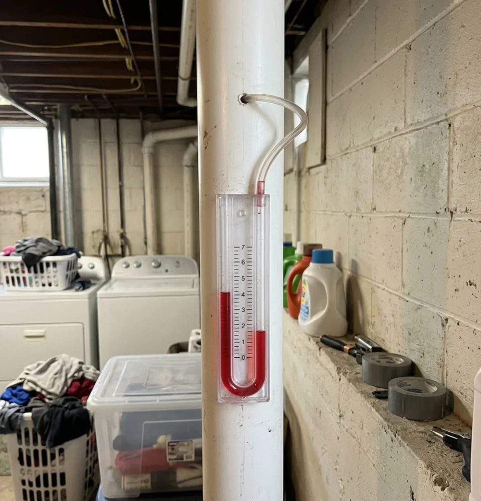U-tube manometer on a radon pipe showing steady suction