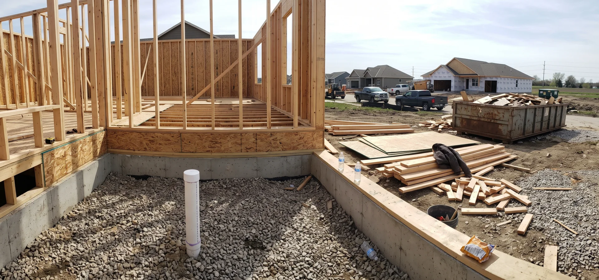 New construction home in a Des Moines suburb with a radon pipe stub set before the slab pour
