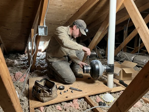 Radon fan being added to a passive pipe in an attic