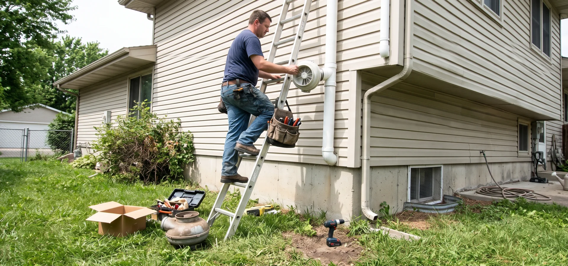 Technician replacing a radon fan on the exterior pipe of a Des Moines-area home