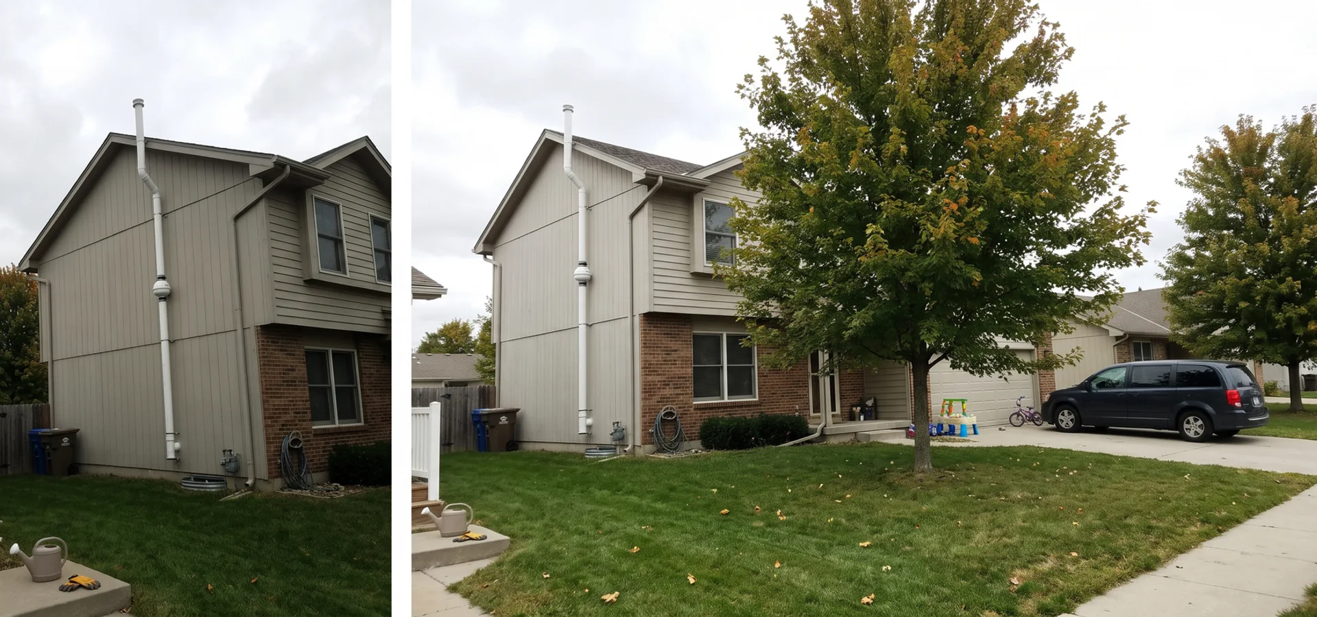 Radon mitigation pipe and fan installed on the exterior of a two-story Des Moines home